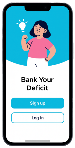 Mobile banking-style fitness app showing daily balance and savings pot